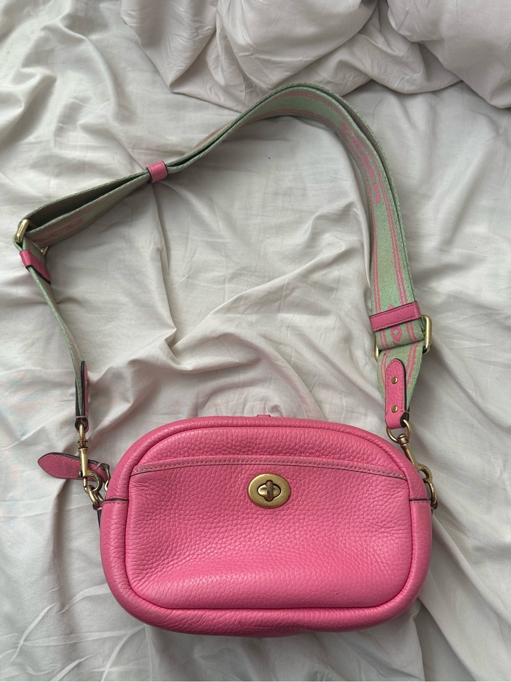 Coach Pink Leather Crossbody with Green and Pink Striped Strap